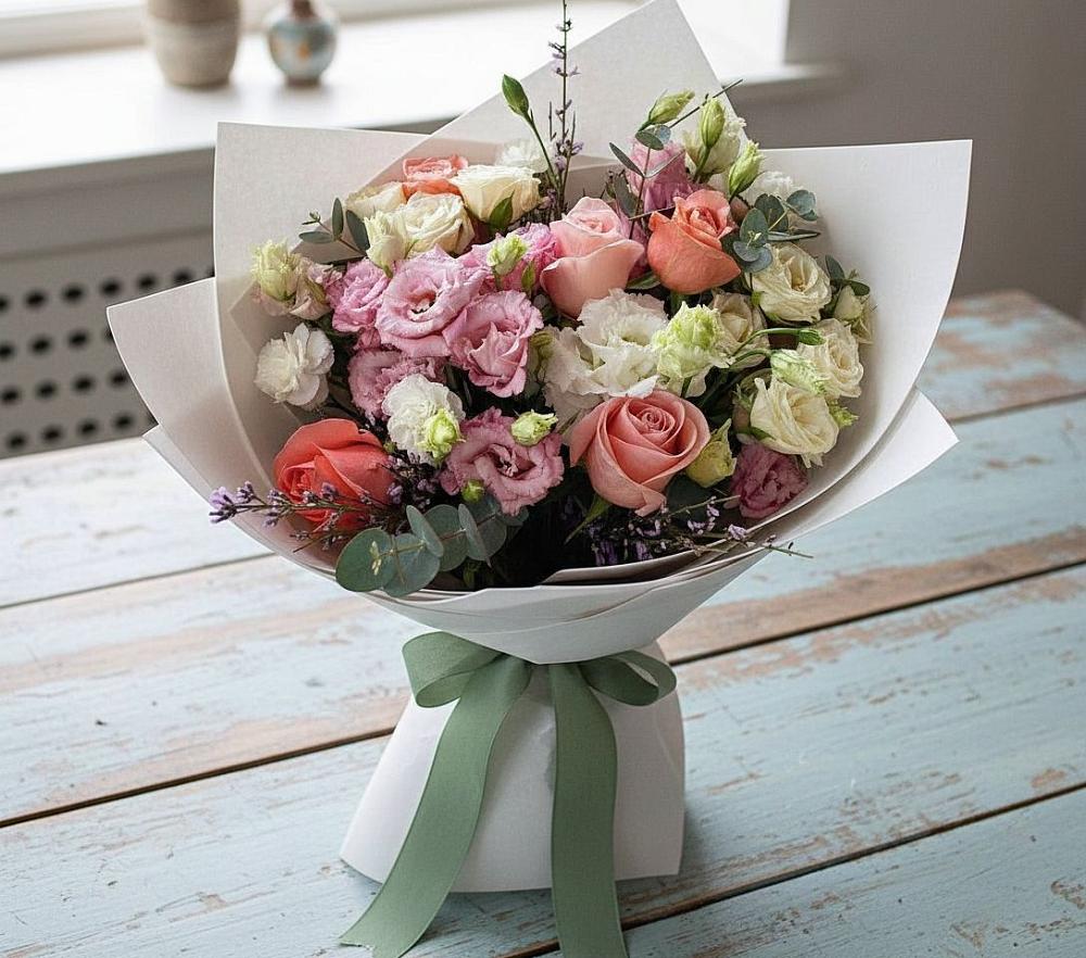 Букет цветов из: Розы, Лизиантусы и Гвоздики в Аксаково