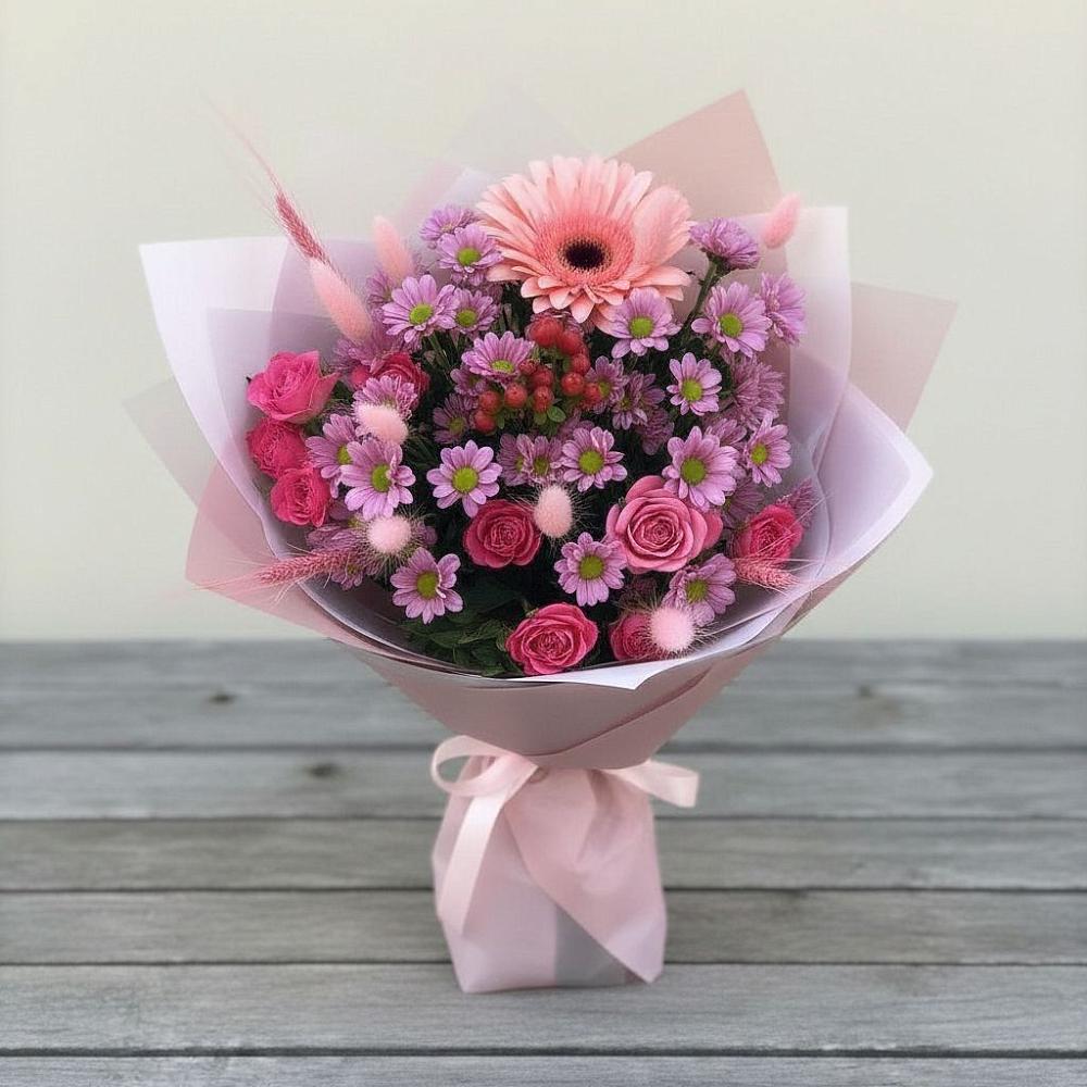Букет цветов из: Розы, Герберы и Хризантемы в Аксаково