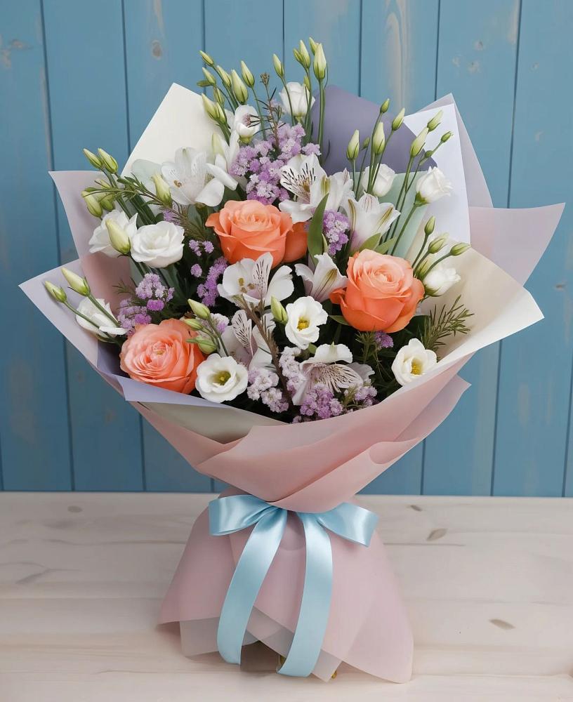 Букет цветов из: Лизиантусы, Розы, Альстромерии и Гипсофила в Аксаково