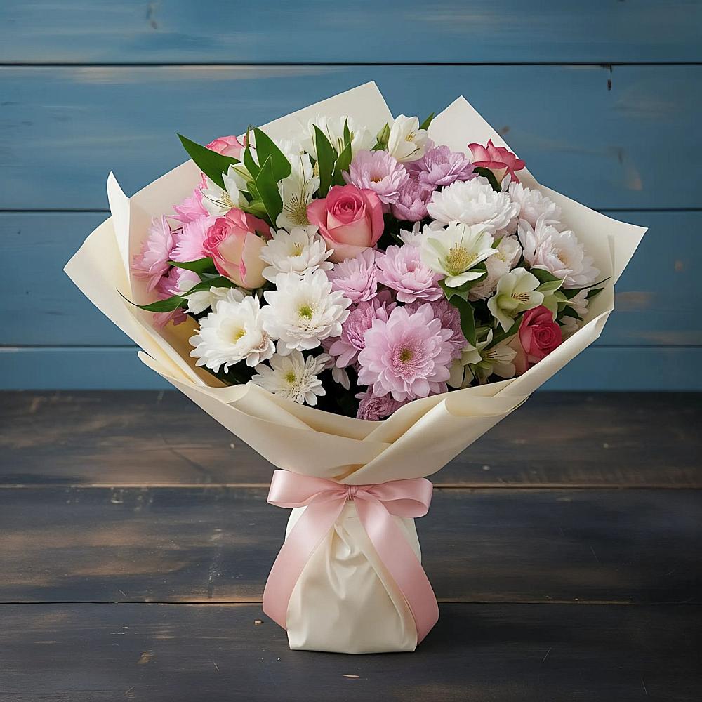 Букет цветов из: Хризантемы, Альстромерии и Розы в Аксаково